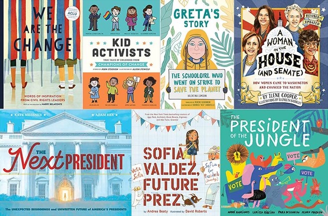 a collage of covers of kids books about U.S. Elections