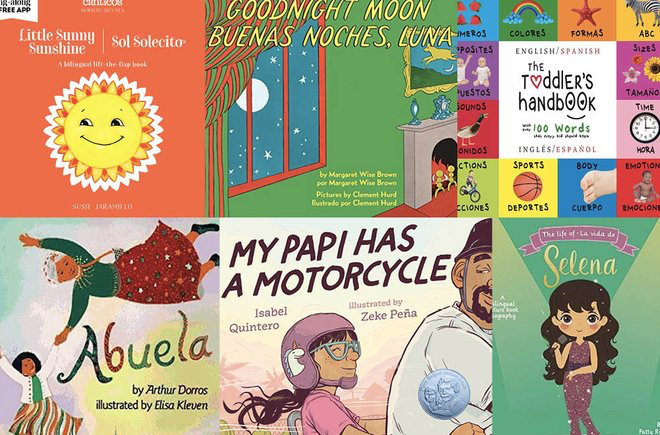 Collage of covers of bilingual picture books for kids
