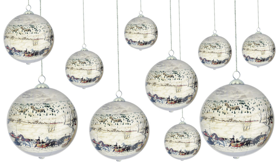 10 of the DIA's collectible ornaments hanging on a white background