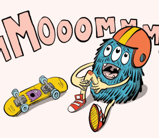A blue monster sitting on the ground near a skateboard, holding his knew with the word mom in pink above him