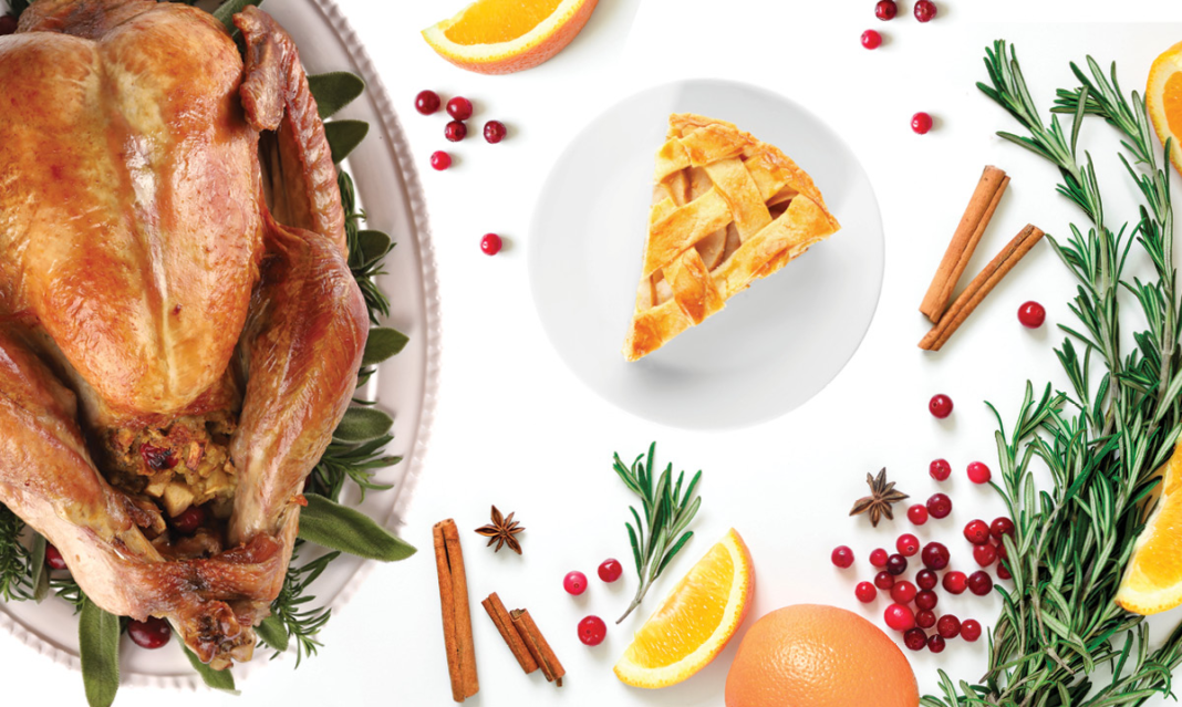 A turkey, cranberries, slice of pie and garnish on a white background
