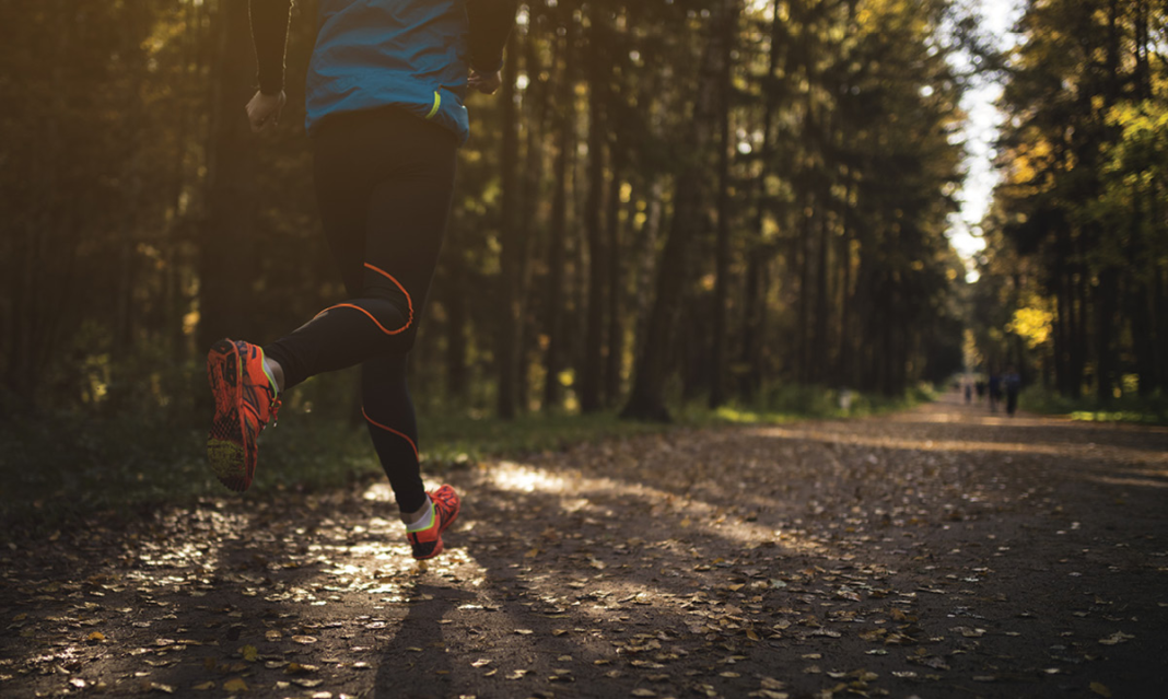 Close-up of a person running on a wooded trail