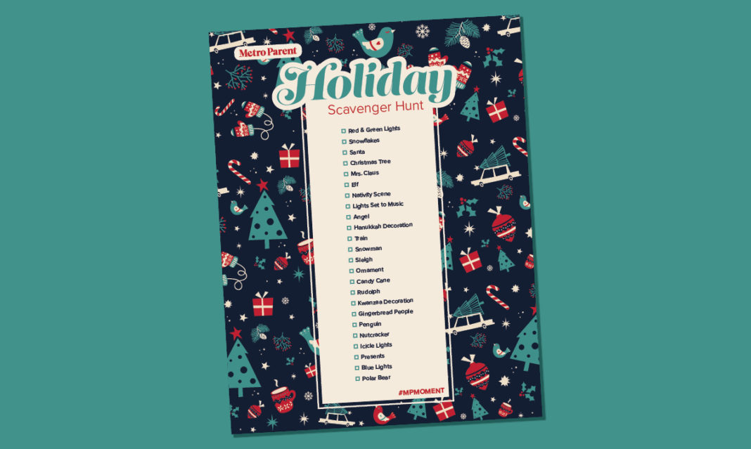 The holiday scavenger hunt list on a teal background