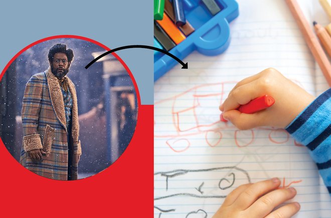 An image from Jingle Jangle on a blue and red background with an arrow pointing to an image of a child coloring