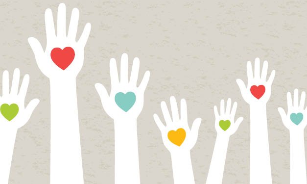 Drawings of hands with hearts in them on a grey background