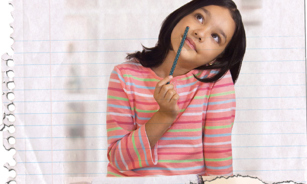 Girl holding pencil by her face