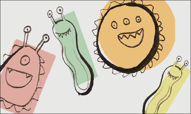 Illustration of four smiling germs