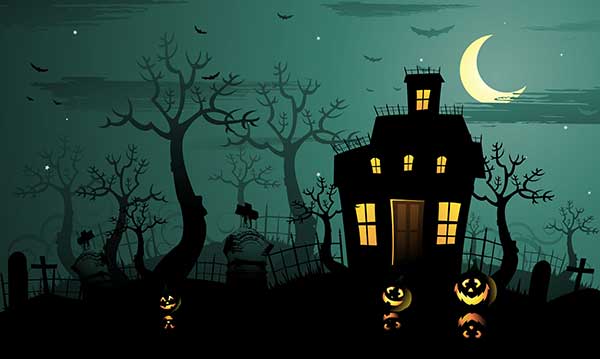 Silhoutte of a creepy house and trees on a greenish background with a cresent moon