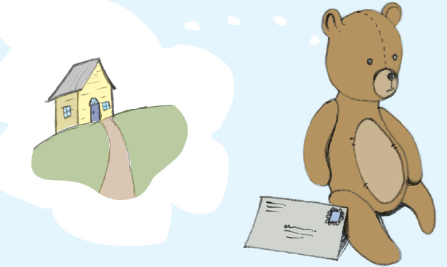 A bear with a letter faces away from a house on a cloud
