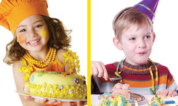 Two kids enjoying a birthday separated by a yellow line