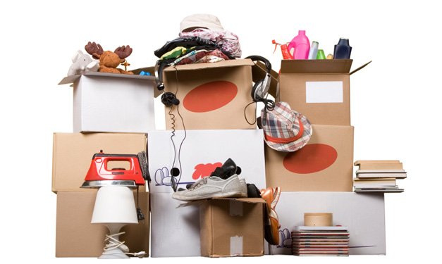 Stacked moving boxes on a white background