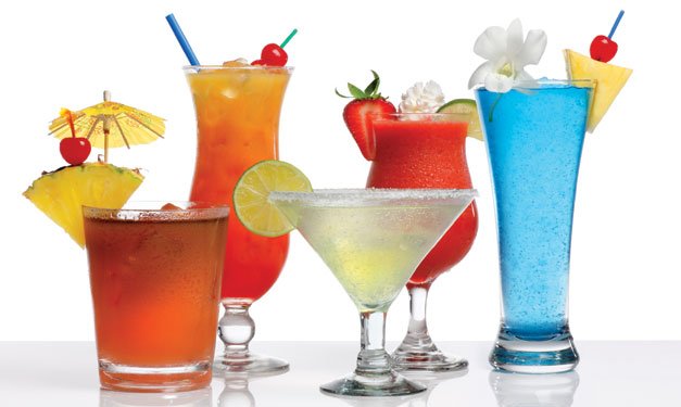 Five mocktail drinks on a white background