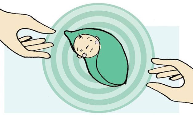 Illustration of a baby in a green blanket with circles in the background and hands reaching toward it