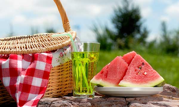 Watermelon and a picnic basket on a picnic table
