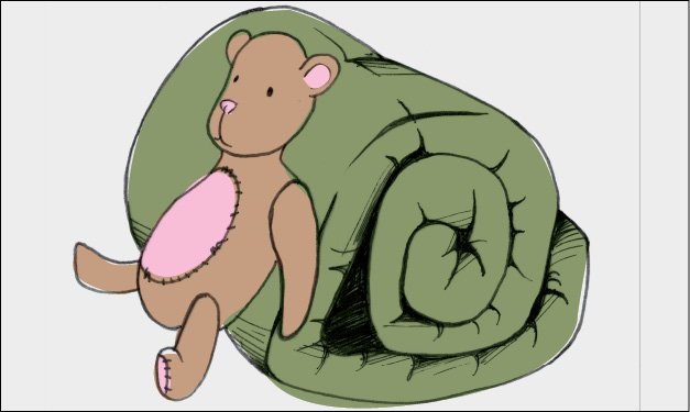 Illustration of a green sleeping bag and a teddy bear on a white background