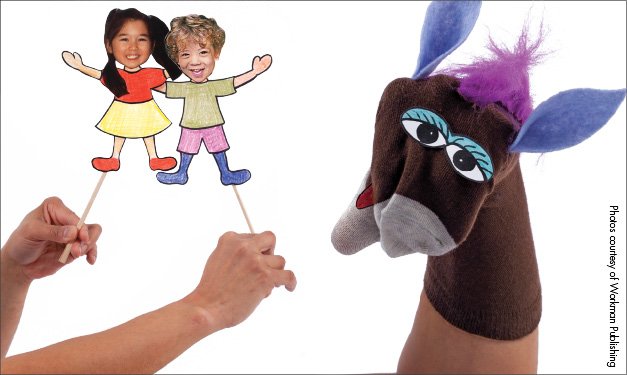 Children rod-style puppets and a donkey sock puppet