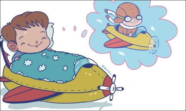 Illustration of a child in a rocket bed dreaming of flying