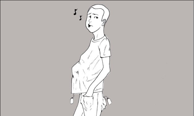 Drawing of boy who has stuff in his shirt and who is walking and whistling