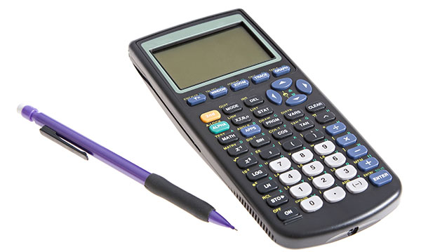 Graphing calculator and mechanical pencil on a white background