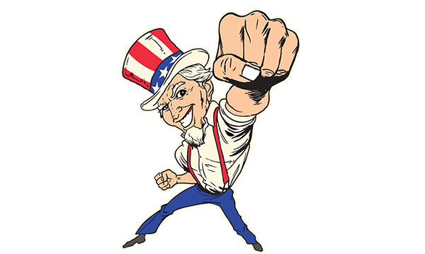 Cartoon rendition of Uncle Sam punching up