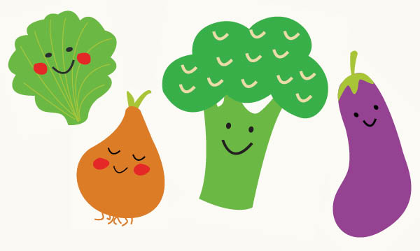 Four happy cartoon vegetables on a white background