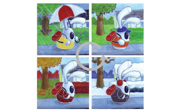 Illustrations of a rabbit going to school in spring, summer, winter and fall
