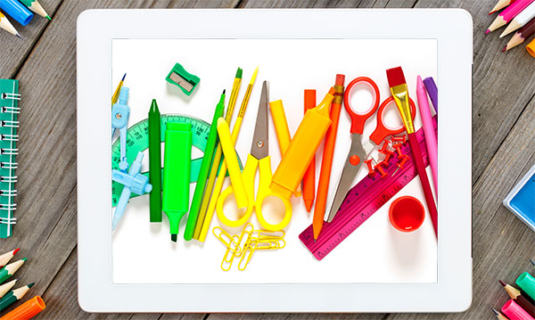 Back to school supplies displayed on a tablet