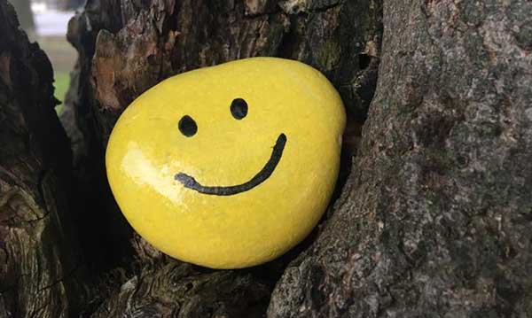 A painted smiley face rock in a tree