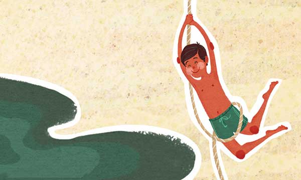 Drawing of a child swinging on a rope