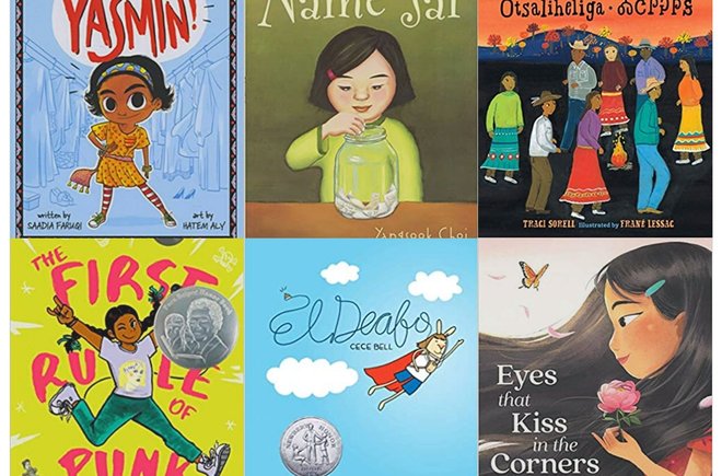 A collage of six diverse children's book covers, including Yasmin!, The Name Jar, We Are Water Protectors, The First Rule of Punk, El Deafo, and Eyes That Kiss in the Corners. These books highlight multicultural stories, representation, and themes of identity, heritage, and inclusion.