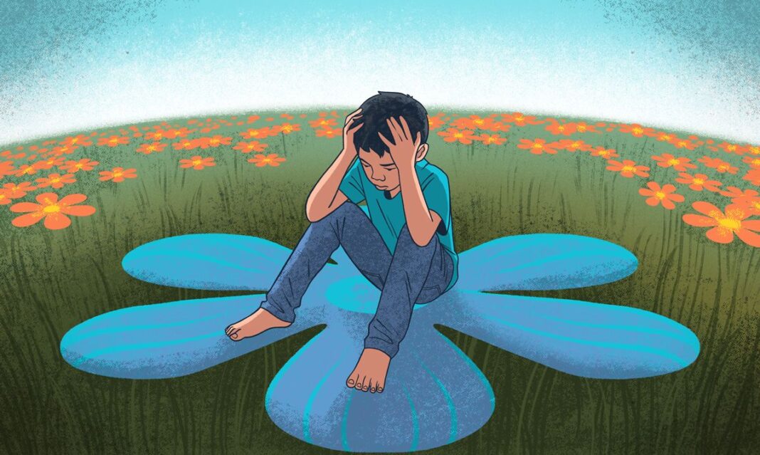 Illustration of a child sitting barefoot on a large blue flower in a field, holding their head in distress, representing avoidance behavior in children.