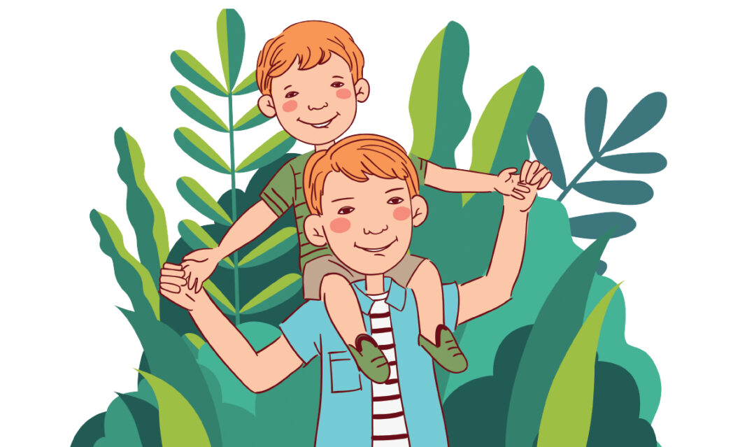 A child reading a book while engaging in a related hands-on activity