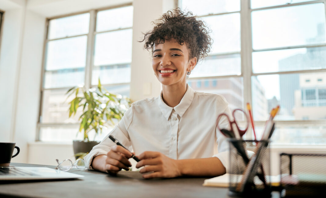 Woman student learning in her desk