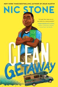 Cover of the children's book Clean Getaway by Nic Stone. The illustration features a young boy with a backpack holding The Green Book, with an RV driving below, set against a bright yellow background. The book explores themes of history, race, and an unforgettable road trip adventure.
