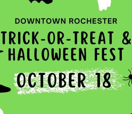 Bright green flyer for Downtown Rochester Trick-or-Treat and Halloween Fest with Halloween icons, event date October 18.
