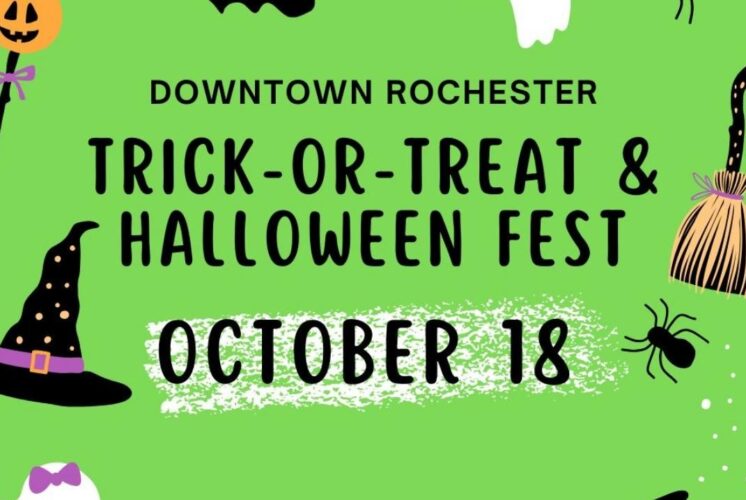Bright green flyer for Downtown Rochester Trick-or-Treat and Halloween Fest with Halloween icons, event date October 18.