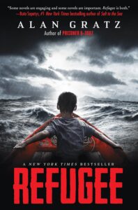 Cover of the novel Refugee by Alan Gratz. The dramatic image features a young boy in a small red boat navigating rough ocean waters under a stormy sky, symbolizing the perilous journey of refugees seeking safety.
