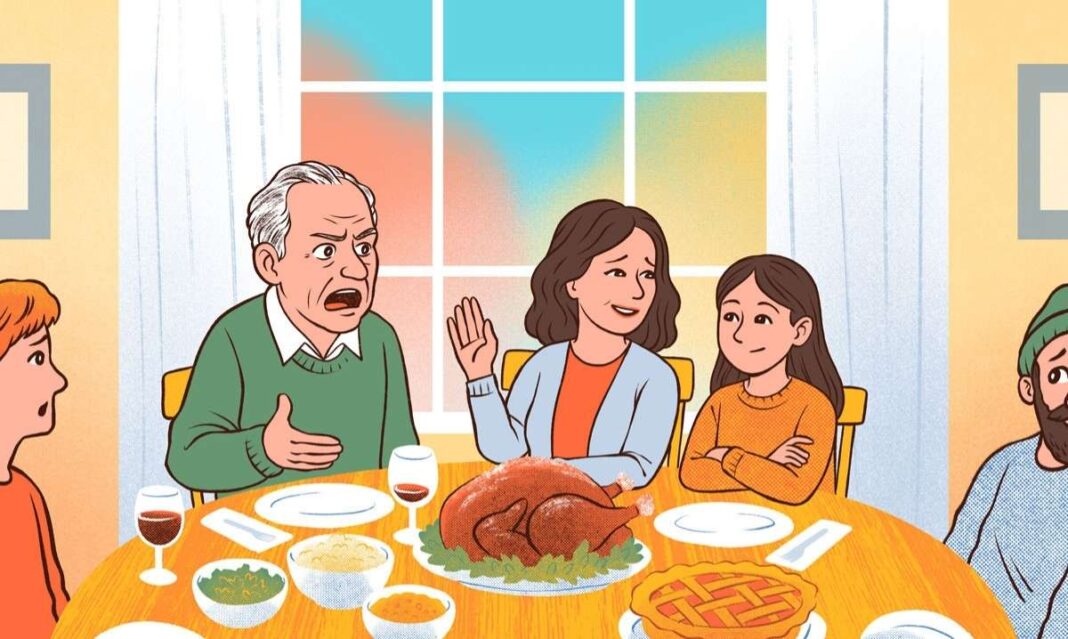 A family sits at a holiday dinner table with tension and mixed emotions, illustrating how to handle toxic family dynamics during holidays.