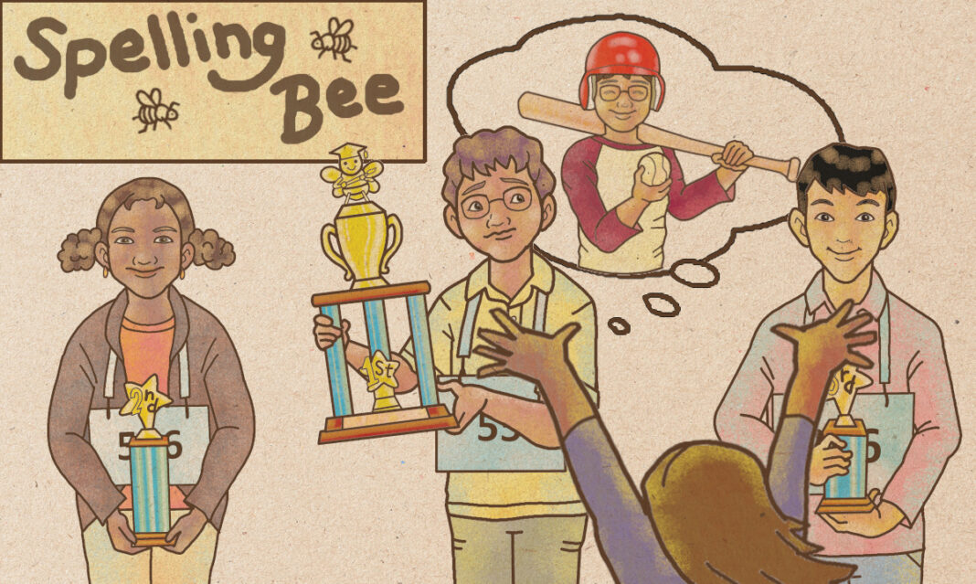 Illustration of a spelling bee award ceremony where a child is being celebrated but imagines playing baseball instead, representing the contrast between expectations and personal dreams.