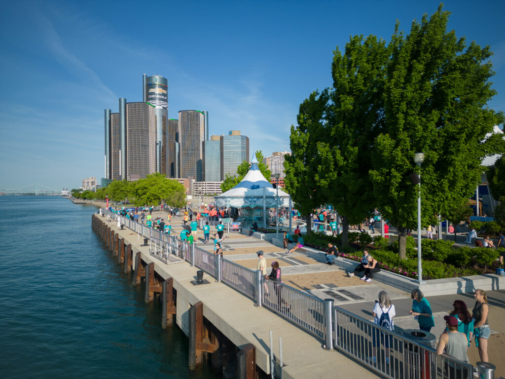 Detroit riverfront with kids