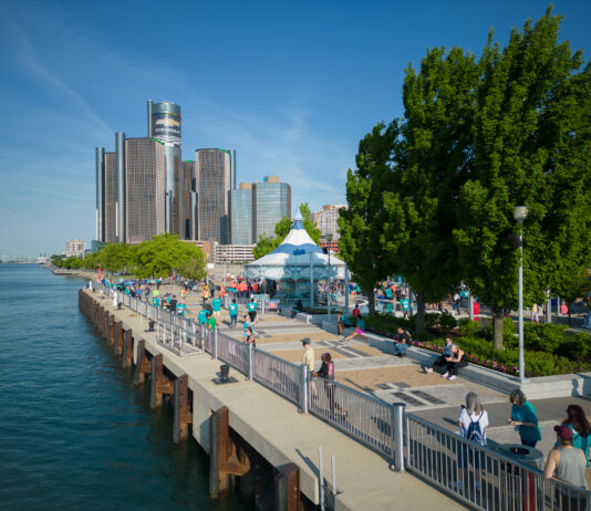 Detroit riverfront with kids