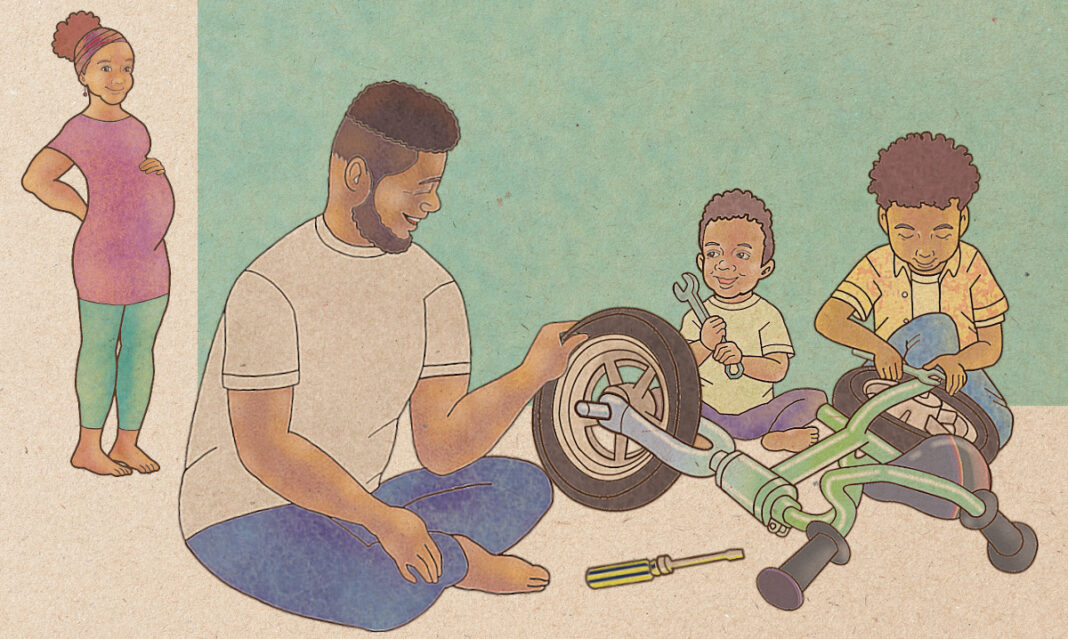 Illustration of a father teaching his children how to fix a bicycle while a pregnant mother looks on, symbolizing why fathers are important in nurturing and supporting family life.