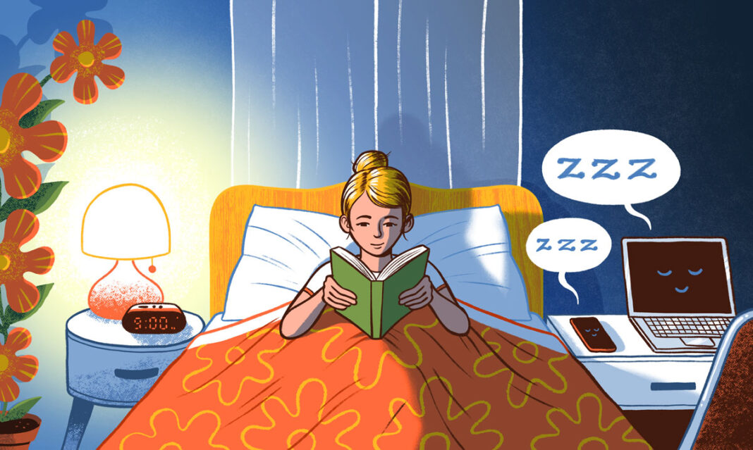 Illustrated image of a girl reading in bed at night while her laptop and phone “sleep,” symbolizing healthy bedtime habits. This highlights the connection between good sleep and mental health.