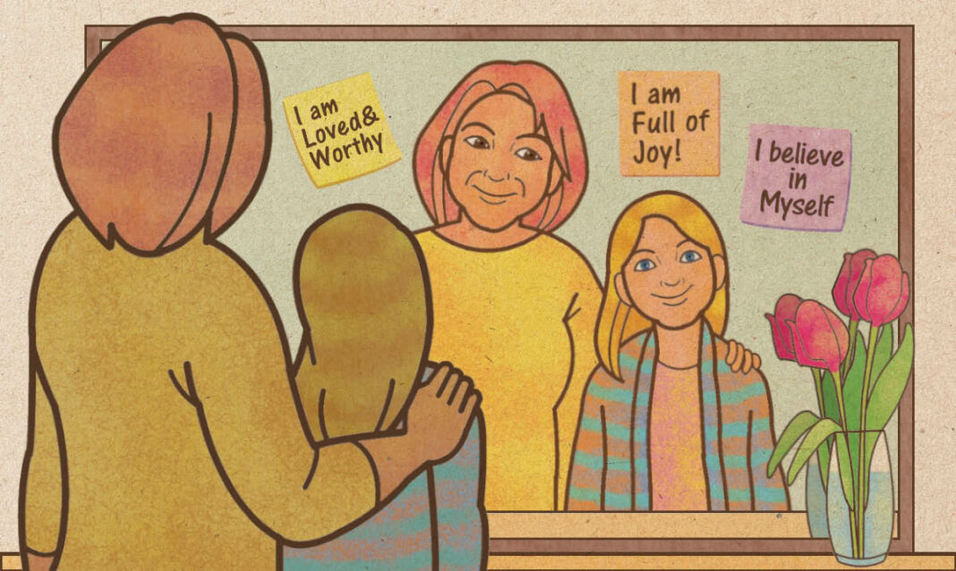 positivity-mental-health-mom-and-daughter-looking-in-mirror-illustration