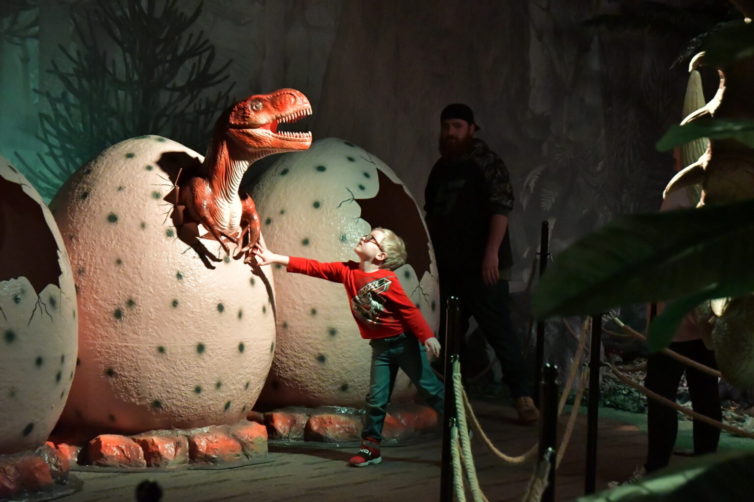 Young boy reaches toward a baby dinosaur model hatching from a giant egg at Jurassic Gardens in Volo, Illinois.