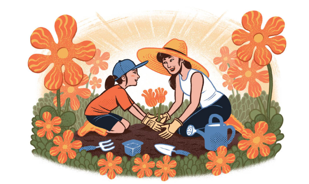 Mom and Daughter Planting Flower Seeds Illustration