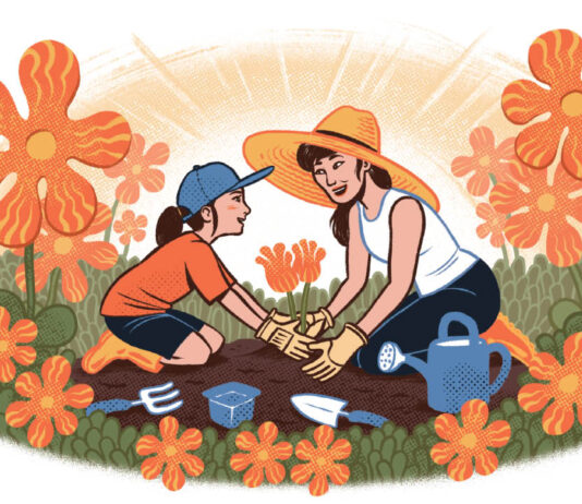 Mom and Daughter Planting Flower Seeds Illustration