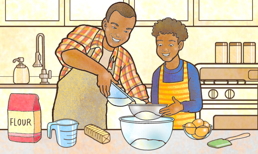 Father and son cooking dinner and having quality time together