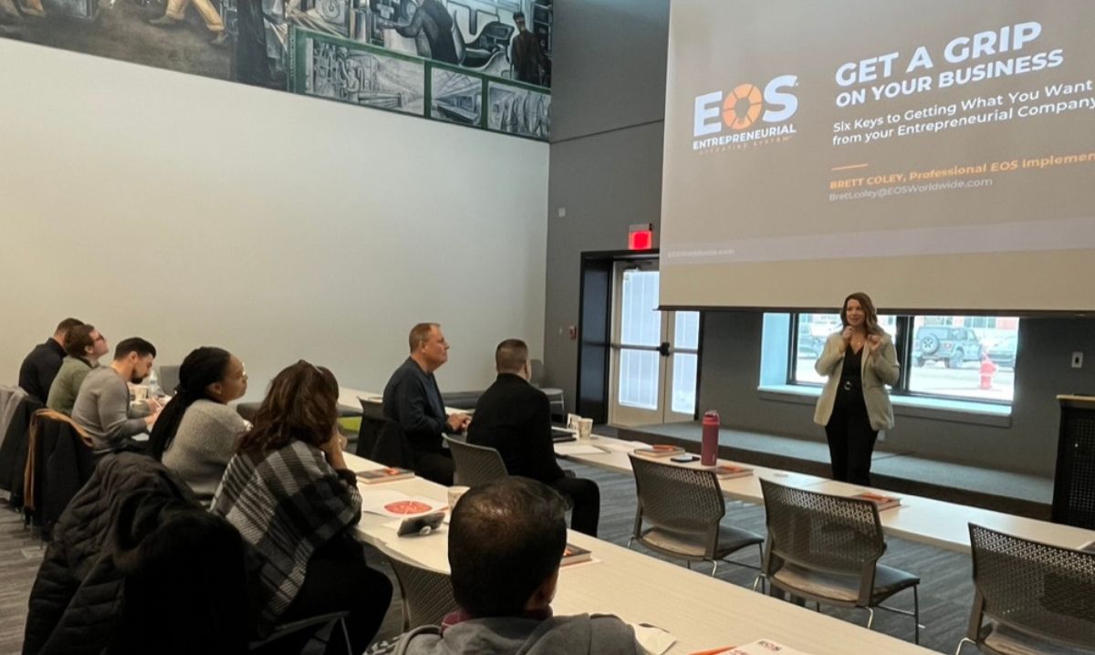 An entrepreneurial workshop at Velocity Macomb County with professionals learning business strategies and leadership skills.