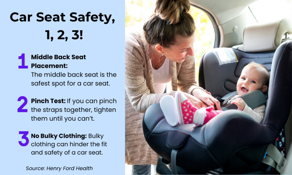 Answers to your car seat questions as mom buckles baby into car seat.